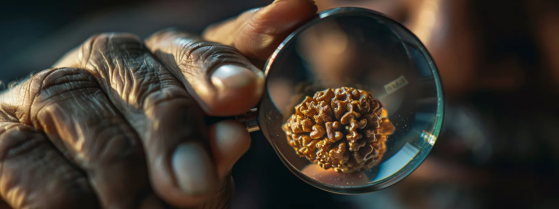 a close-up photo of an expert examining the intricate details of an eight mukhi rudraksha under a magnifying glass for authentication.