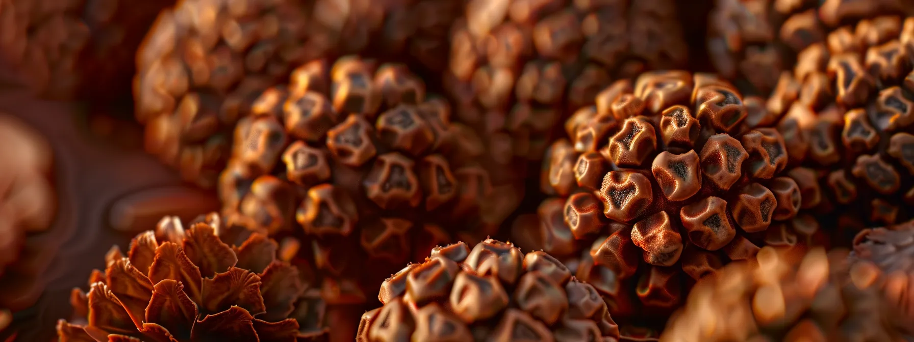 a close-up photo of a rudraksha bead under a microscope, revealing intricate details and structures for advanced biochemical analysis in research.