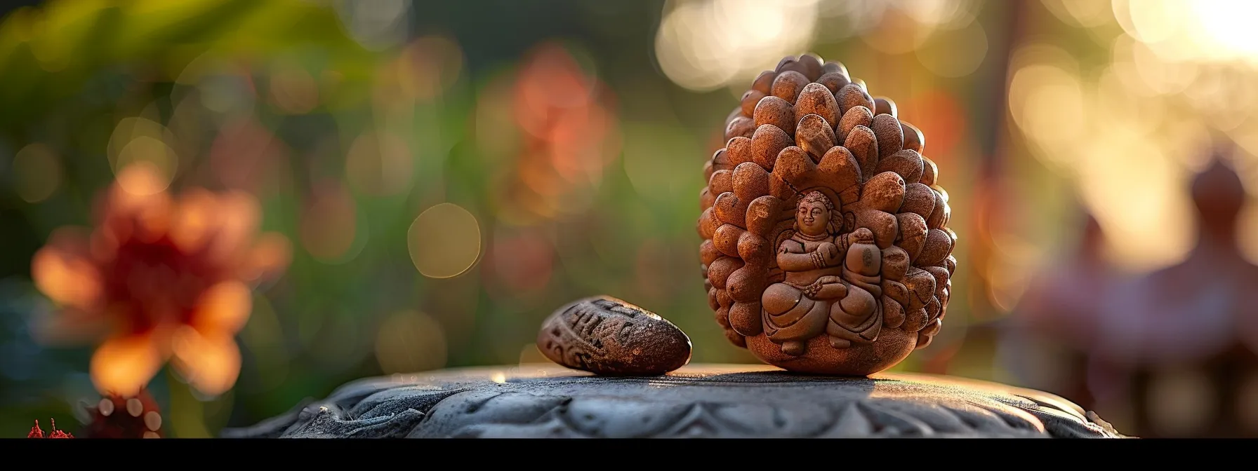 a close-up photo of a rudraksha bead resting on a statue of ganesha, symbolizing the spiritual connection between the two sacred elements in hindu mythology.