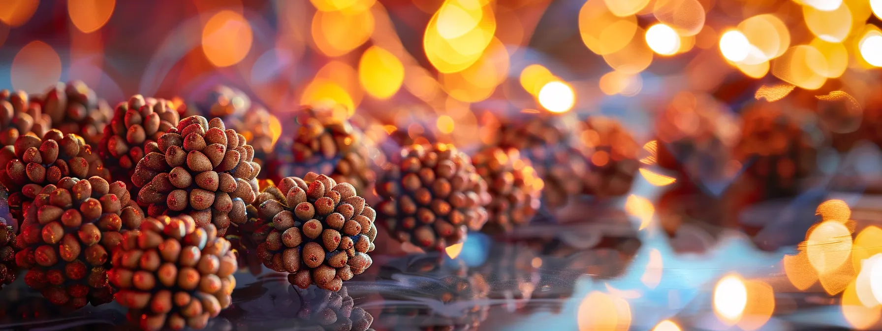 a close-up photo of various shimmering rudraksha beads, each distinct in size and texture, representing different spiritual energies and meanings.