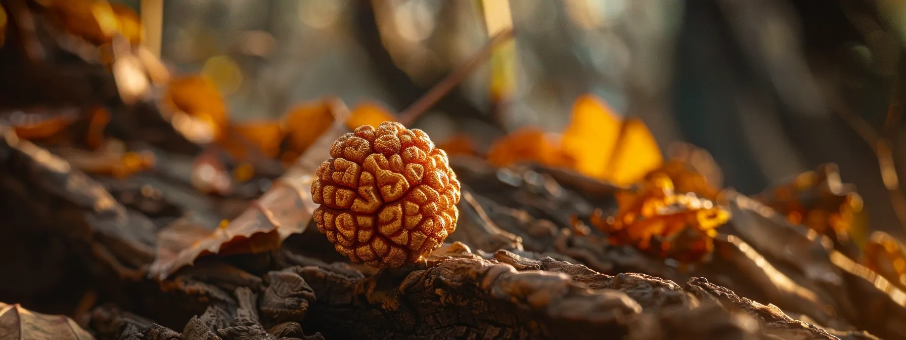 a close-up photo of a twenty one mukhi rudraksha bead, showcasing its intricate details and sacred aura.