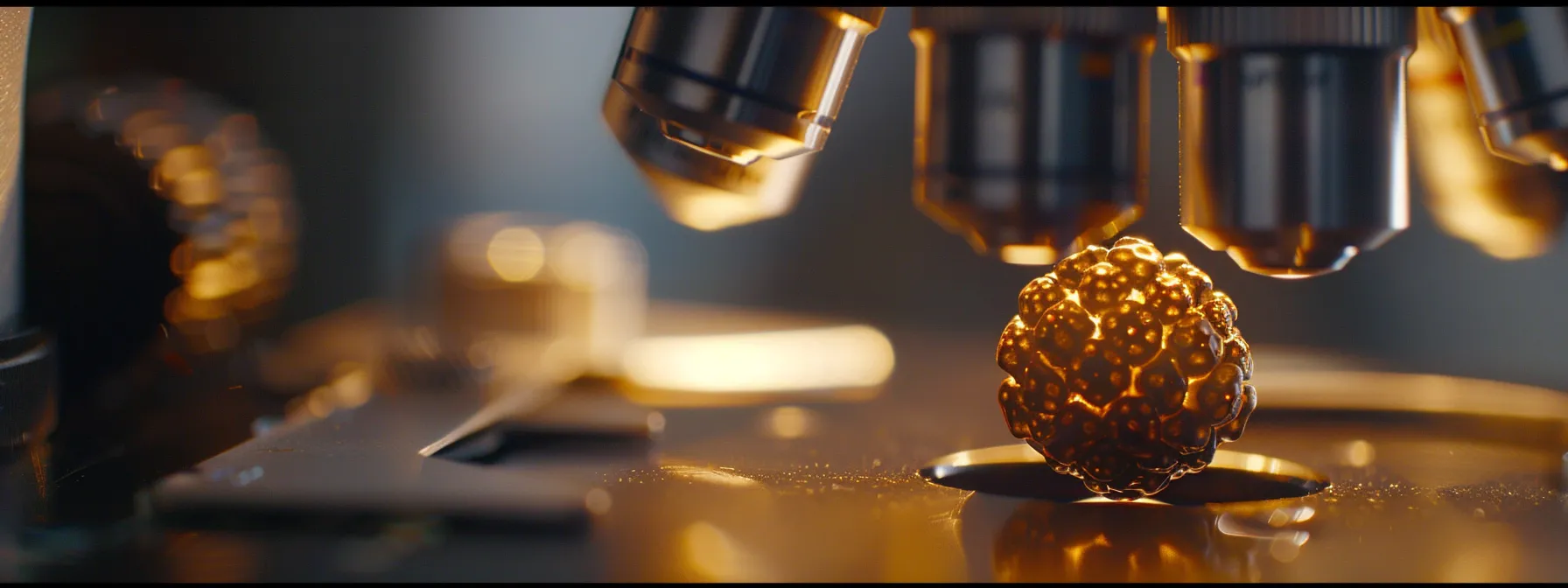 a close-up photo of a rudraksha bead being analyzed under a microscope, revealing intricate details for authenticity assessment.