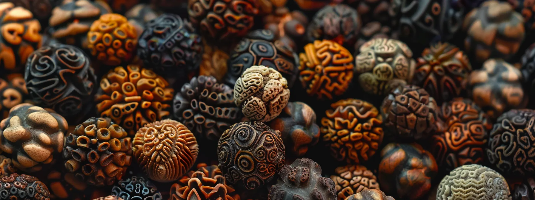 a close-up photo of various rudraksha beads, showcasing the intricate details and different mukhi types, highlighting the connection between traditional beliefs and scientific analysis.