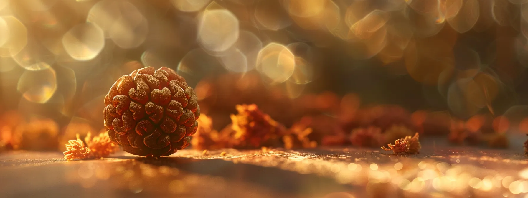 a close-up shot of the eleven mukhi rudraksha bead glistening in the light, showcasing its intricate details and spiritual significance.