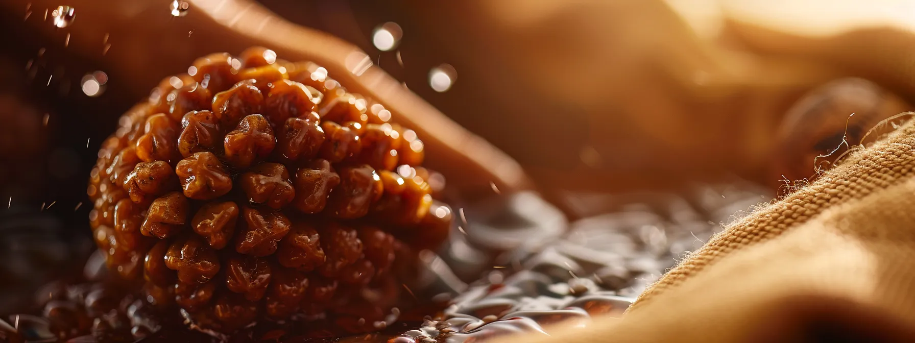 a close-up photo of a shiny and well-maintained eighteen mukhi rudraksha bead being gently cleaned with a soft cloth.