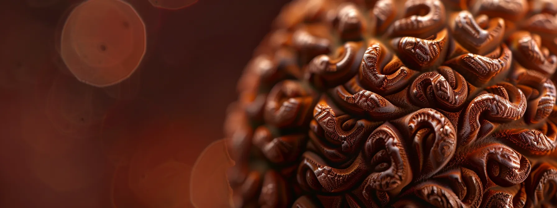 a close-up photo showcasing the natural grooves and lines of an authentic four mukhi rudraksha bead, highlighting its unique characteristics.