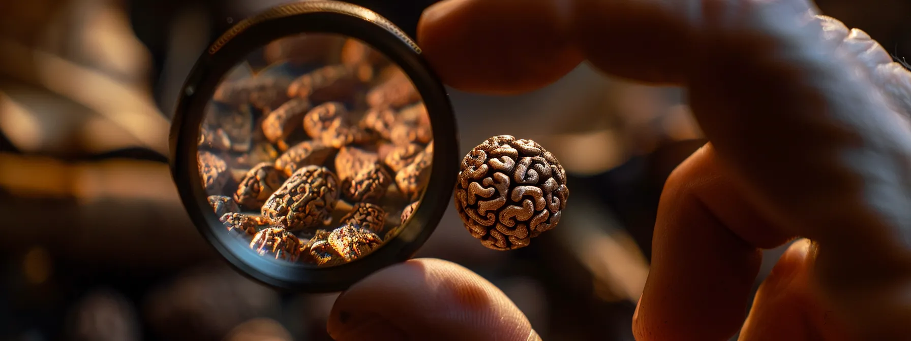 a close-up photo of a genuine ten mukhi rudraksha bead being examined under a magnifying glass, highlighting its intricate natural mukhas and quality texture.