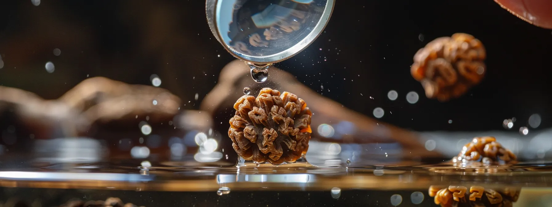 a close-up shot of a sixteen mukhi rudraksha floating in water, with a magnifying glass and a scratch tool nearby for authentication purposes.