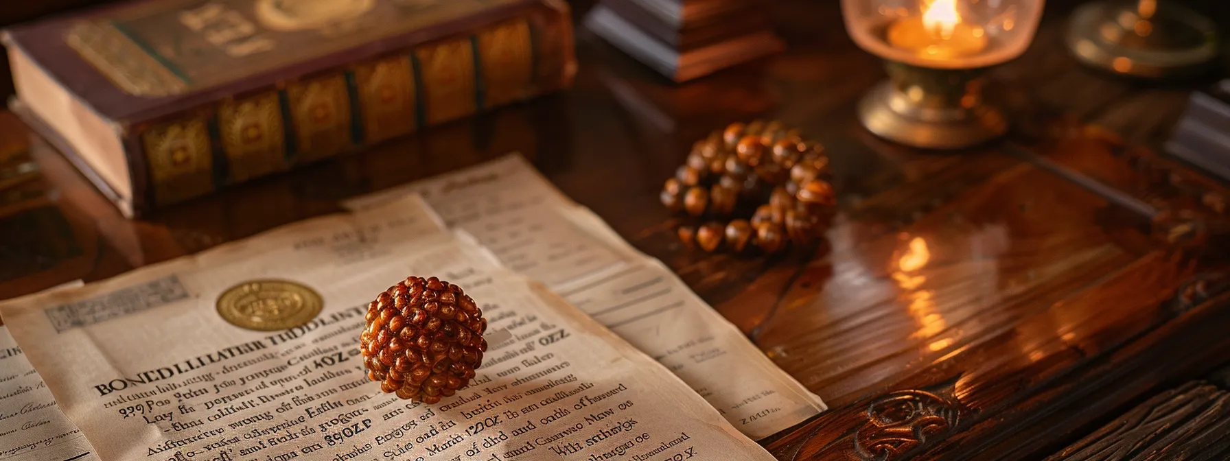 a close-up of a gleaming, six-faced rudraksha bead surrounded by certificates and authenticity reports on a wooden table.