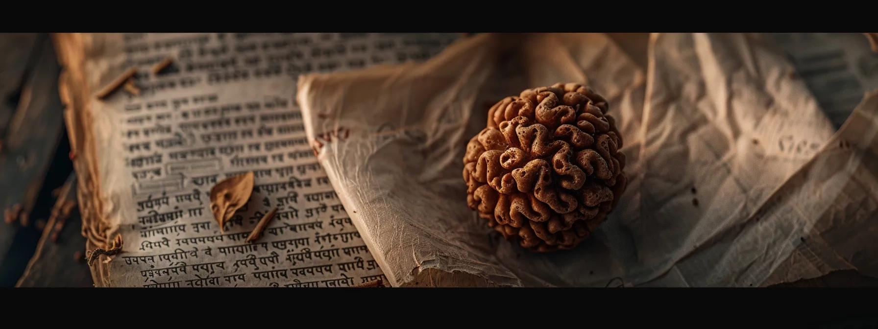 a close-up photograph of a three mukhi rudraksha bead nestled among ancient texts, exuding a sacred aura connected to energy and spirituality.