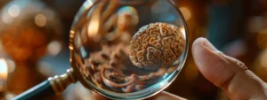 a close-up shot of a magnifying glass inspecting the intricate details of an eighteen mukhi rudraksha bead for authenticity.