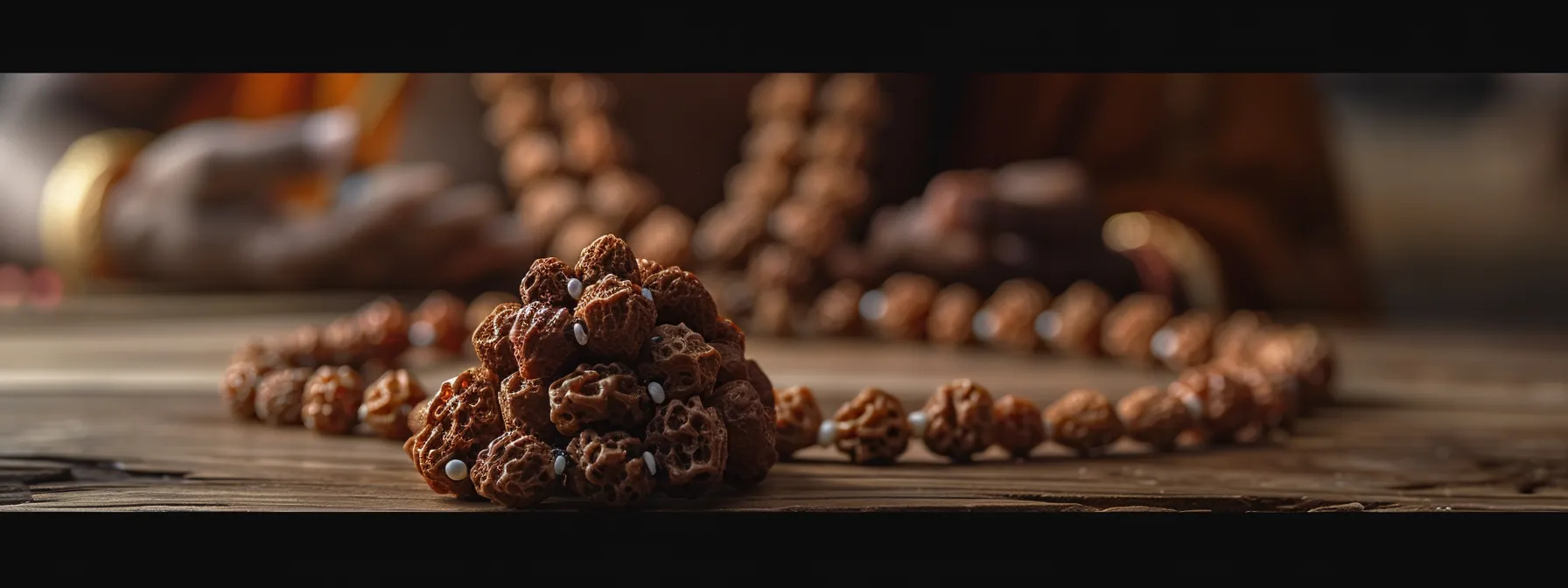 a close-up image of a serene person wearing the four mukhi rudraksha bead, radiating with a sense of spiritual enlightenment.