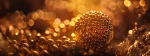 a close-up shot of a gleaming, intricate rudraksha bead being analyzed under a microscope.