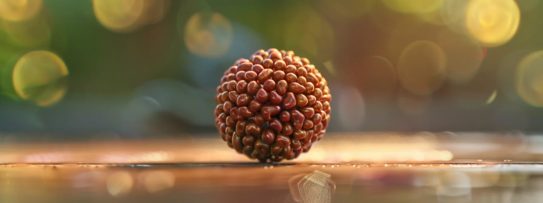 a close-up photo of a shiny ten mukhi rudraksha bead, radiating a sense of spiritual power and protection against negative energies.