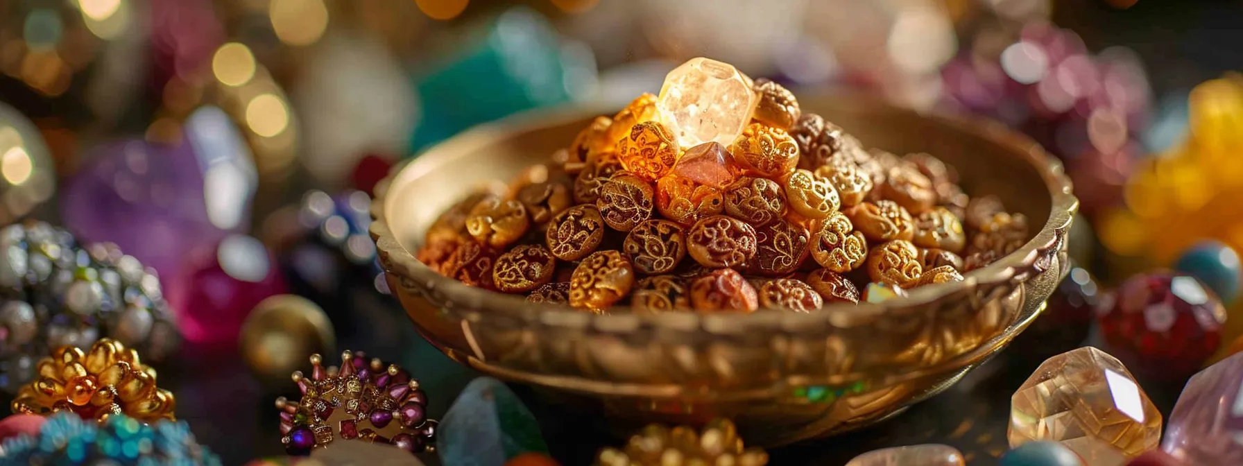 a close-up photo of a shimmering fifteen mukhi rudraksha bead surrounded by colorful gemstones and talismans, radiating spiritual energy and prosperity.