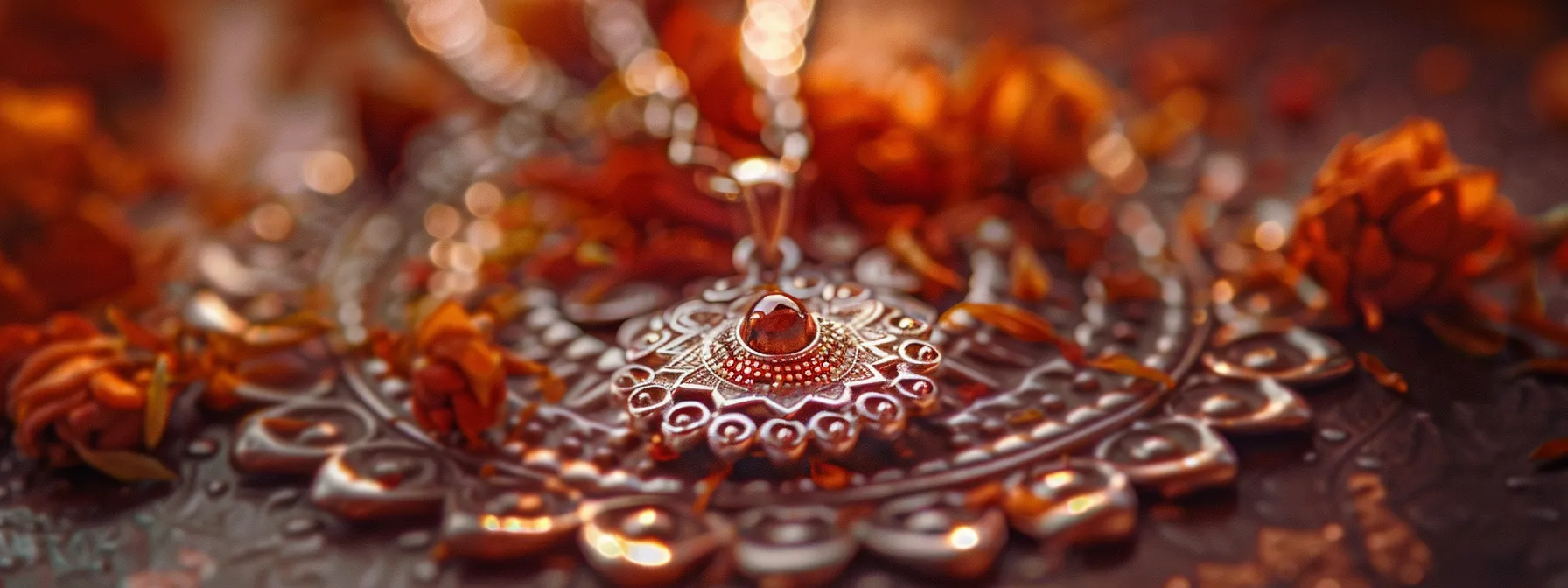 a close-up photo of a shimmering sterling silver pendant adorned with a majestic thirteen mukhi rudraksha, exuding a sense of spiritual power and prosperity.