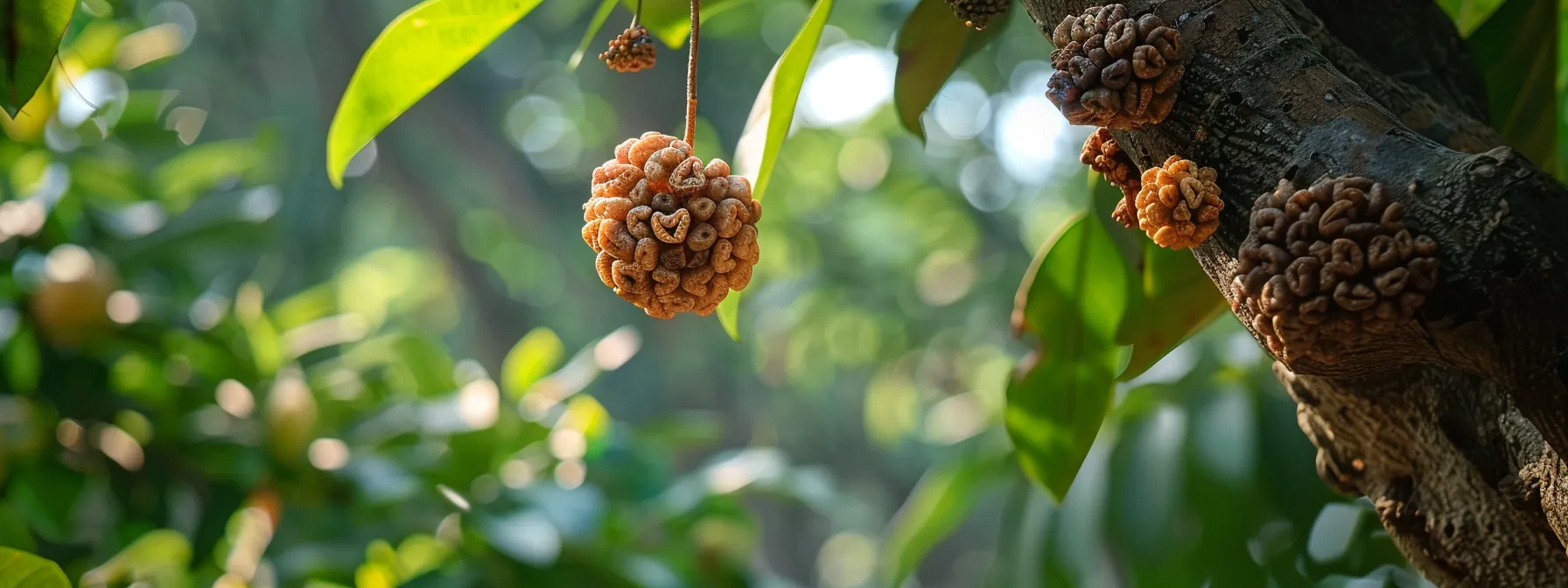 a close-up shot of a sacred rudraksha tree, with its intricate bark and lush foliage, representing the origins and significance of rudraksha beads.