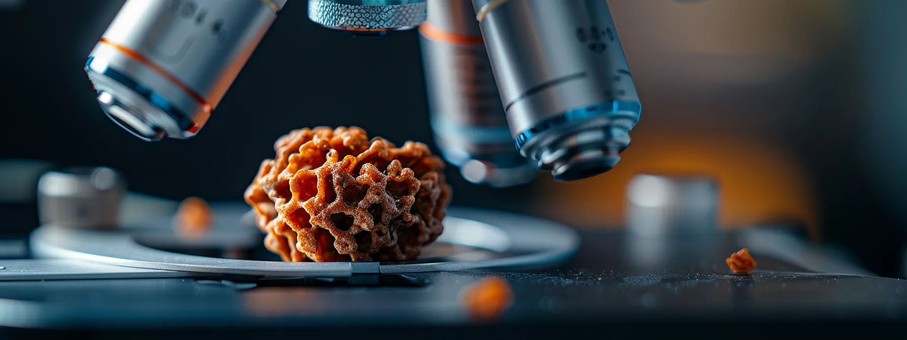 a close-up photo of a genuine eight mukhi rudraksha bead being examined under a laboratory microscope by a spiritual expert for authentication.