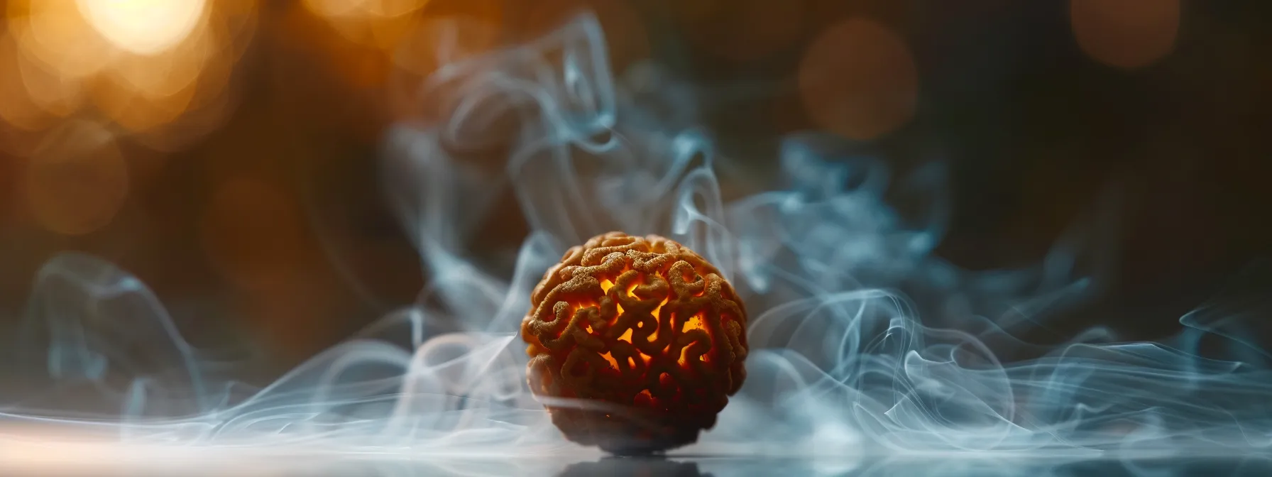 a close-up photo of a glowing rudraksha bead radiating mystical energy, surrounded by a subtle aura of light.