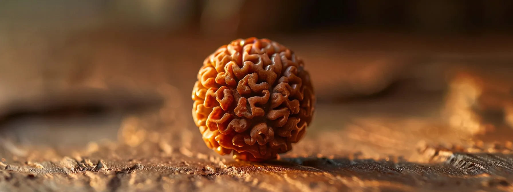 a close-up photo of a single mukhi rudraksha bead, gleaming with spiritual energy and intricately carved details.