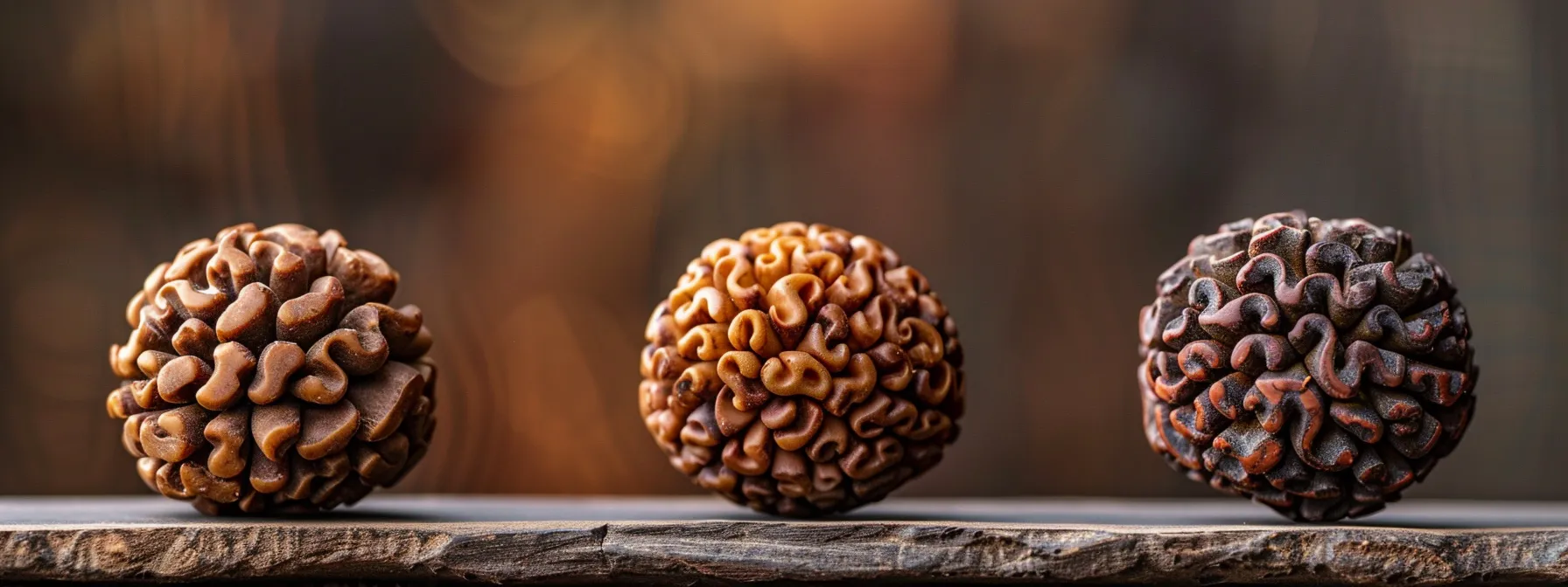 a close-up photo of natural variations in three mukhi rudraksha beads, highlighting their unique shapes and textures, dispelling myths about perfect appearances.