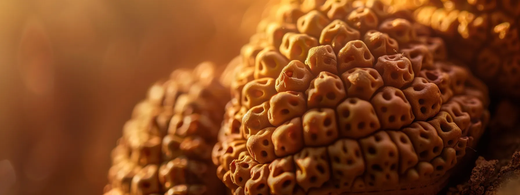 a close-up photo featuring the intricate texture and spiritual aura of a three mukhi rudraksha bead.