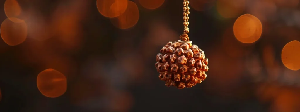 a close-up shot of a shimmering seventeen mukhi rudraksha bead suspended against a dark, mystical background, emanating a powerful and divine aura.