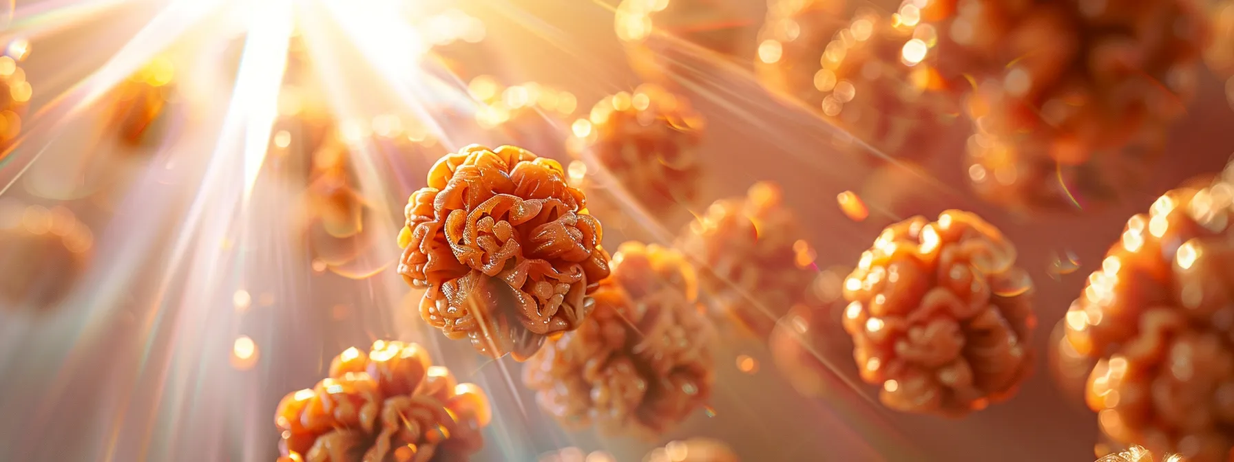 a close-up photo of ten mukhi rudraksha beads being bathed in sunlight, radiating a vibrant and energized aura.