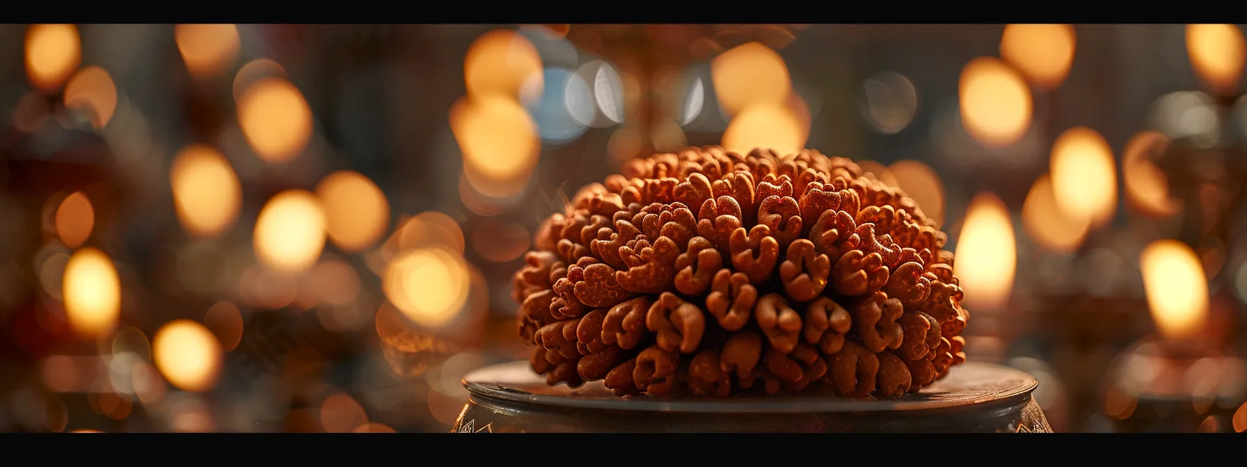 a close-up photo of a nineteen mukhi rudraksha gleaming with spiritual significance and ancient history.