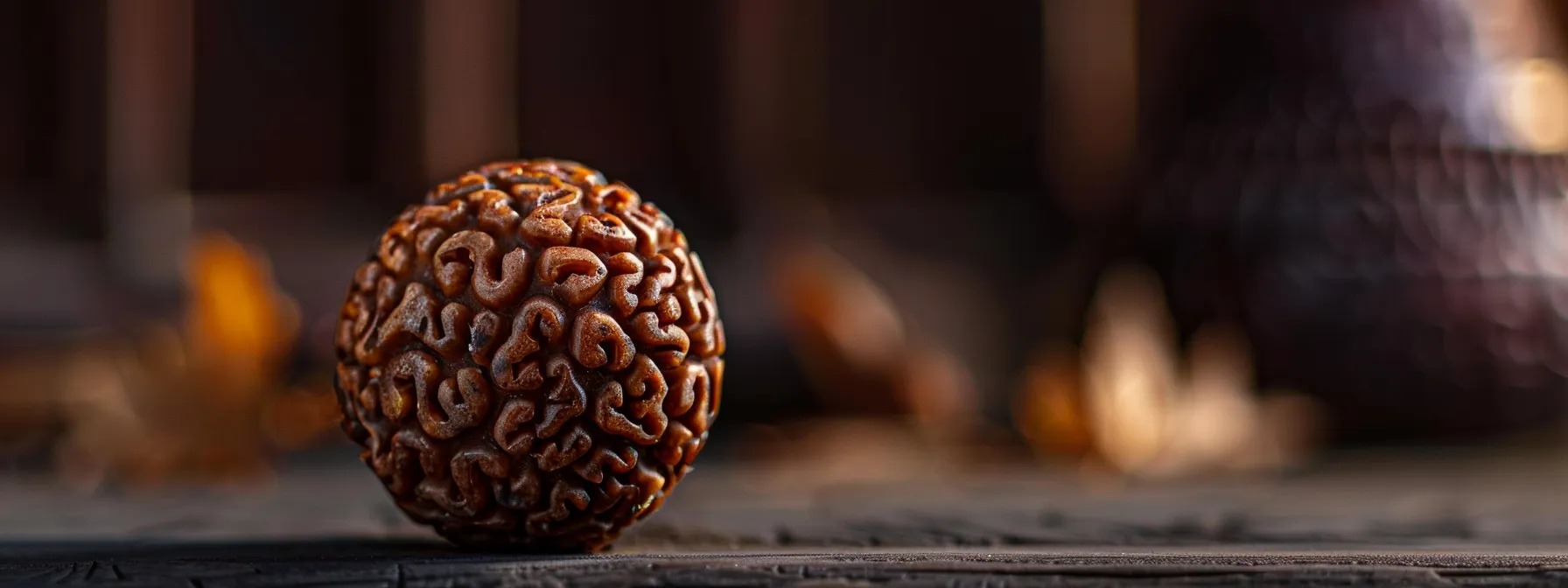 a close-up photo of a ten mukhi rudraksha bead, showcasing its intricate ten faces and spiritual significance.