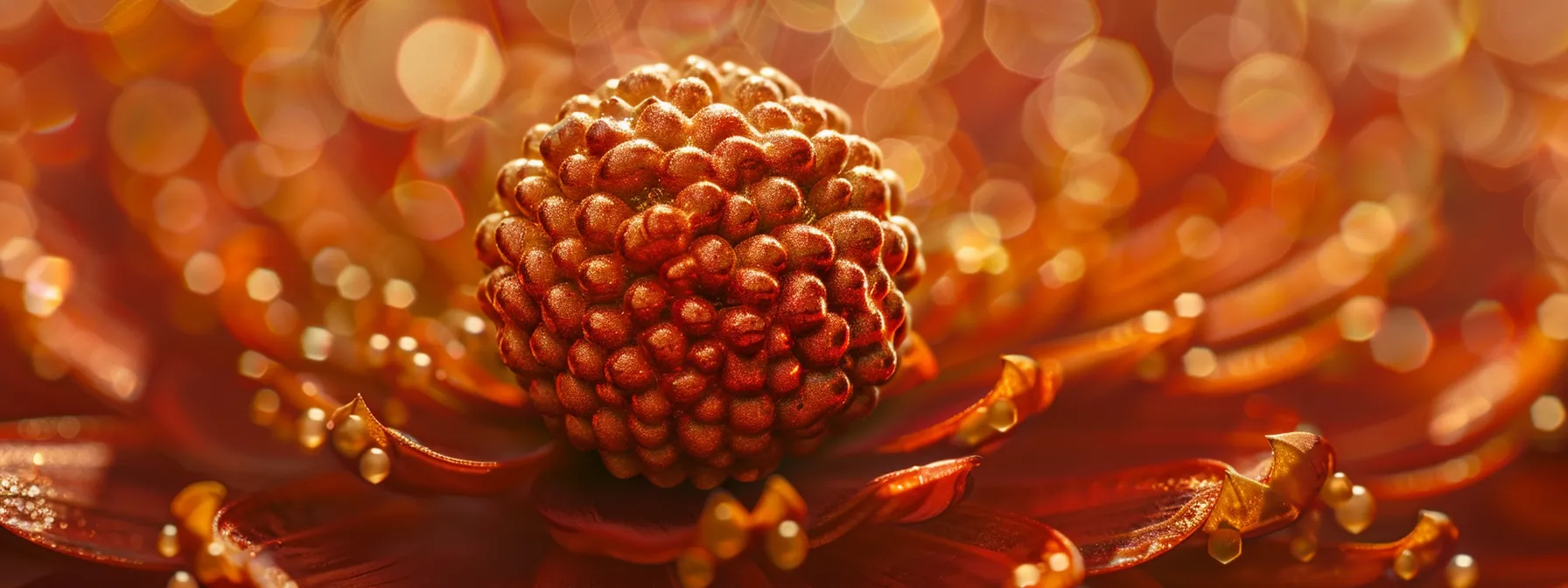 a close-up of a vibrant rudraksha bead with intricate patterns, shimmering in the soft light, symbolizing the divine connection to lord shiva and the essence of consciousness and compassion.