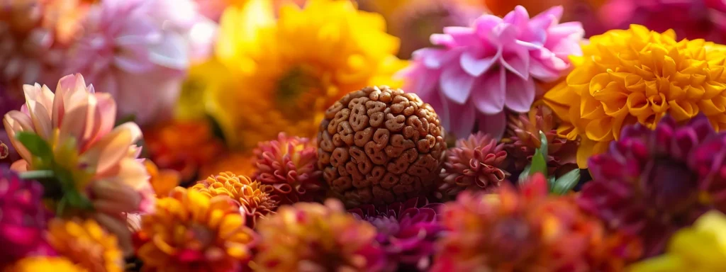 a close-up shot of a shimmering, ten-faced rudraksha bead nestled in a bed of colorful flowers, radiating a sense of mystique and power.