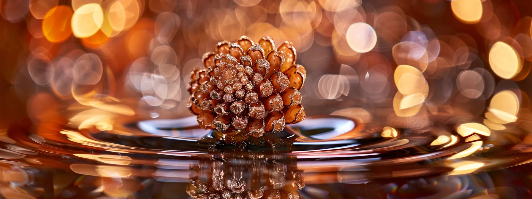 a close-up of a shimmering two mukhi rudraksha adorned with silver, radiating a peaceful and powerful energy.