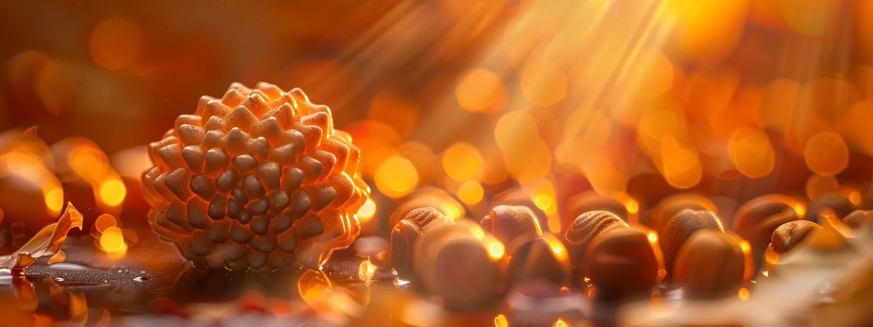 a close-up shot of a luminous sixteen mukhi rudraksha, radiating power and prosperity with its intricate sixteen faces.