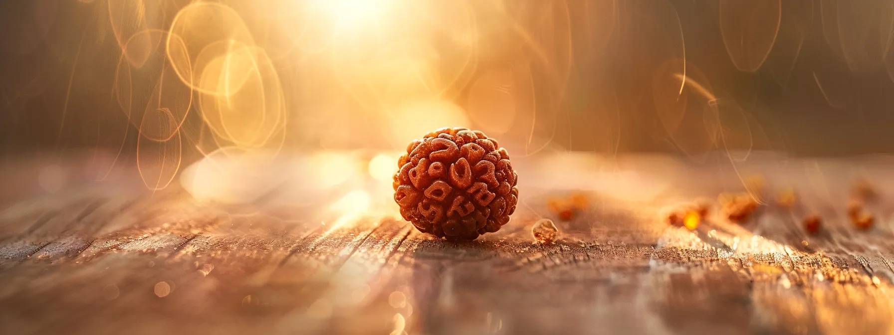 a close-up photo of a three mukhi rudraksha bead resting on a handcrafted wooden surface, surrounded by a soft, warm light, emphasizing its intricate details and spiritual significance.