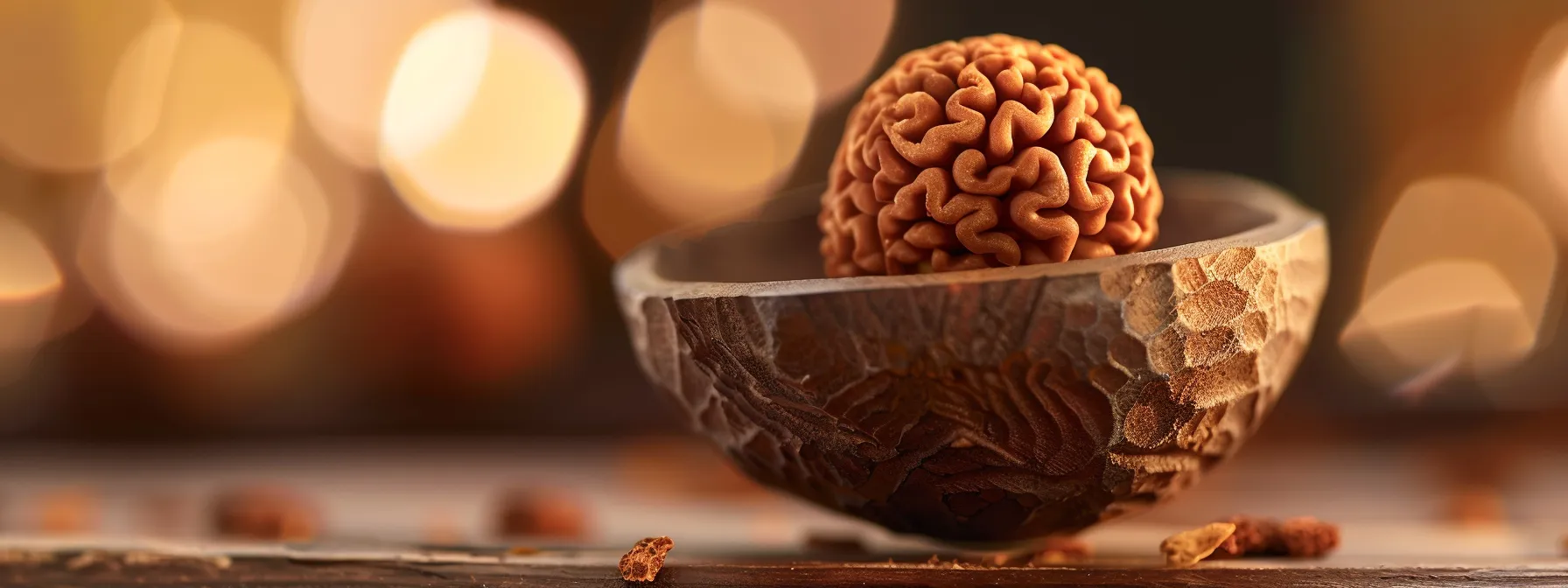 a close-up photo of a genuine rudraksha bead, showcasing its intricate wooden texture and unique buoyant qualities.