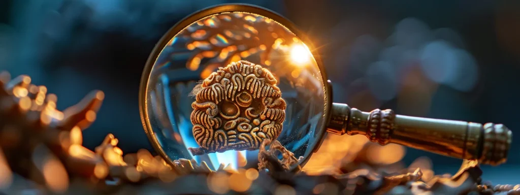 a close-up photo of a magnifying glass exposing the intricate details of a suspected fake one mukhi rudraksha bead.