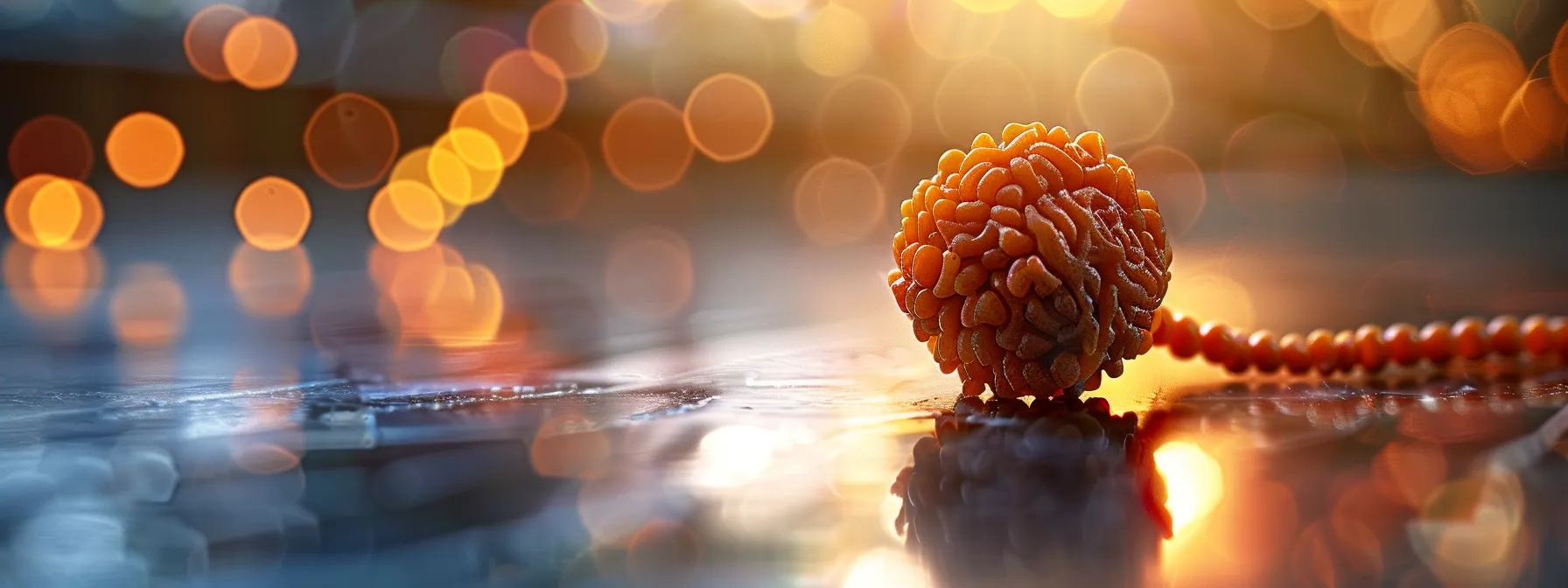 a close-up photo of a radiant rudraksha bead, illuminated with spiritual energy, symbolizing its profound influence on spiritual healing and harmony.