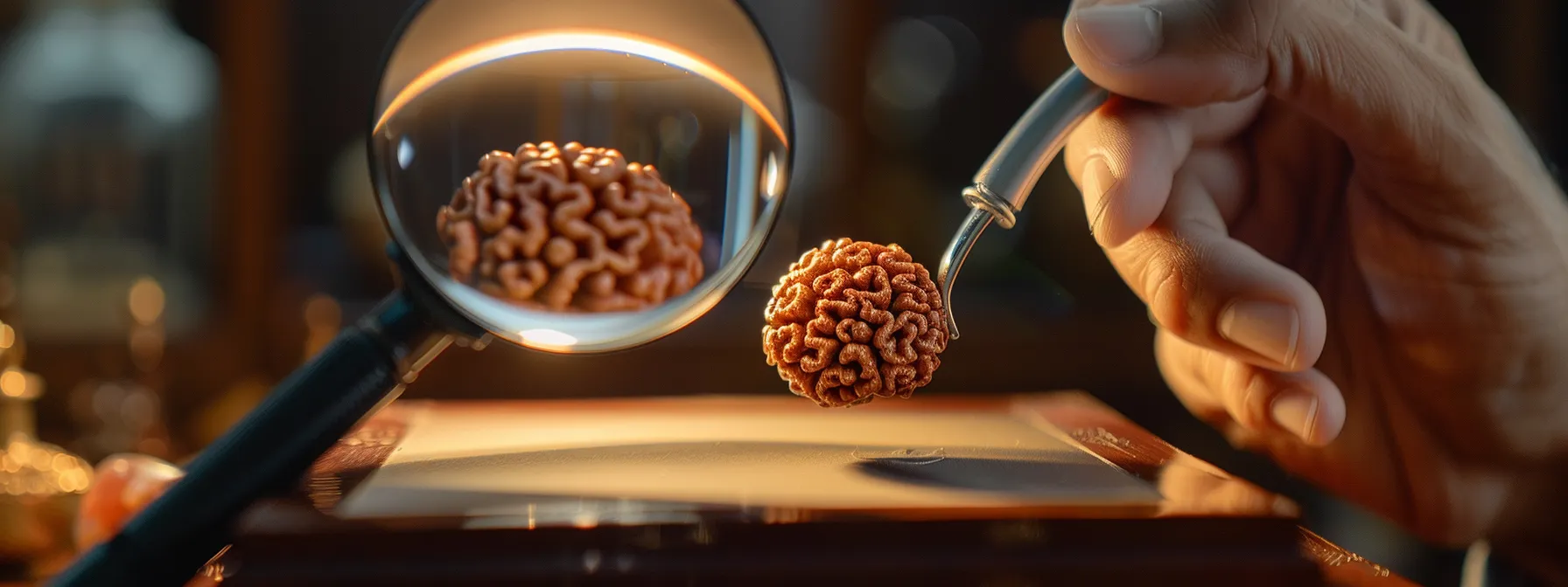 a close-up photo of an eleven mukhi rudraksha bead being carefully inspected under a magnifying glass by a gemologist in a well-lit room.