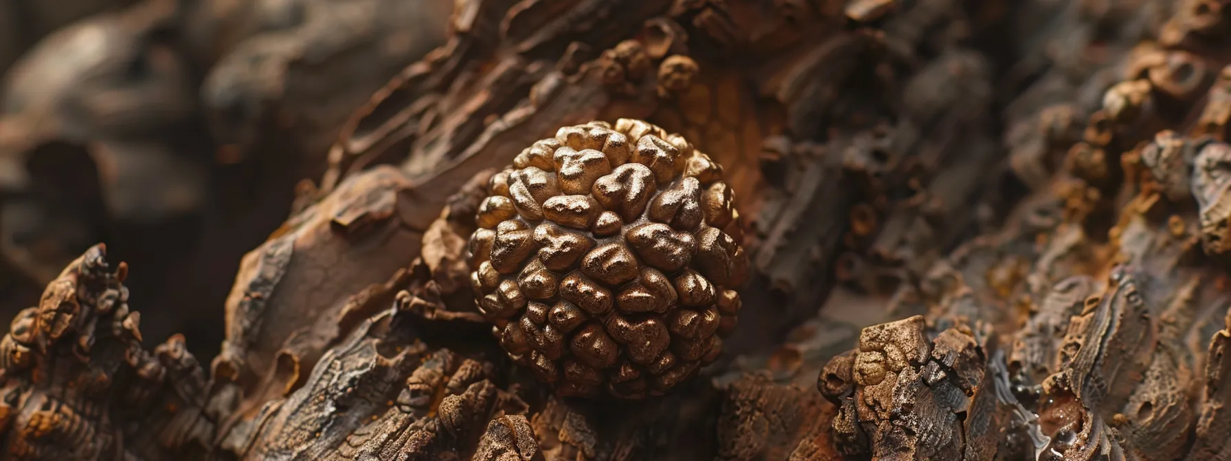 a close-up photo of a twelve mukhi rudraksha seed showing intricate silver-like markings and unique surface characteristics.