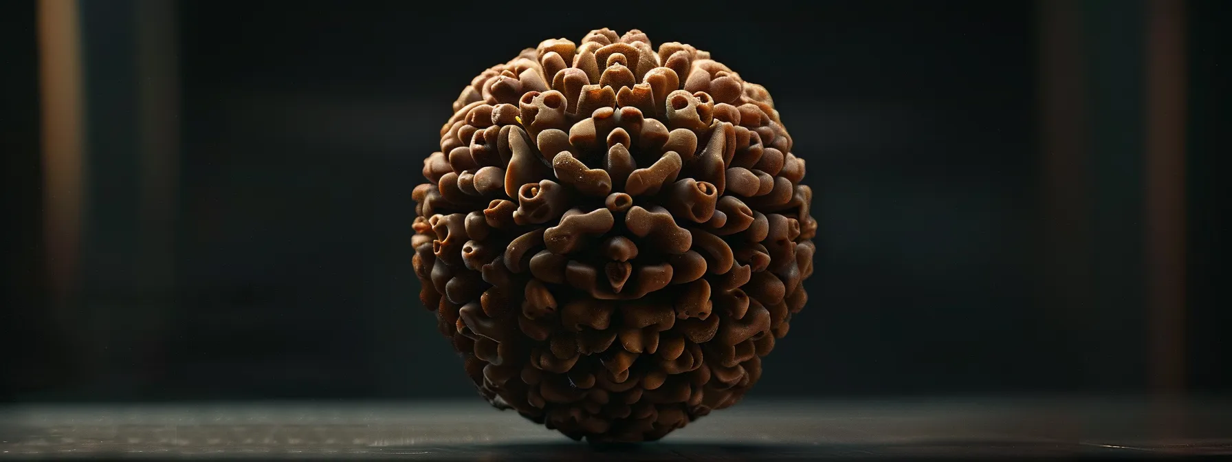 a close-up photo showcasing the intricate symbols of the six-faced rudraksha bead, symbolizing ancient beliefs and spiritual energy.