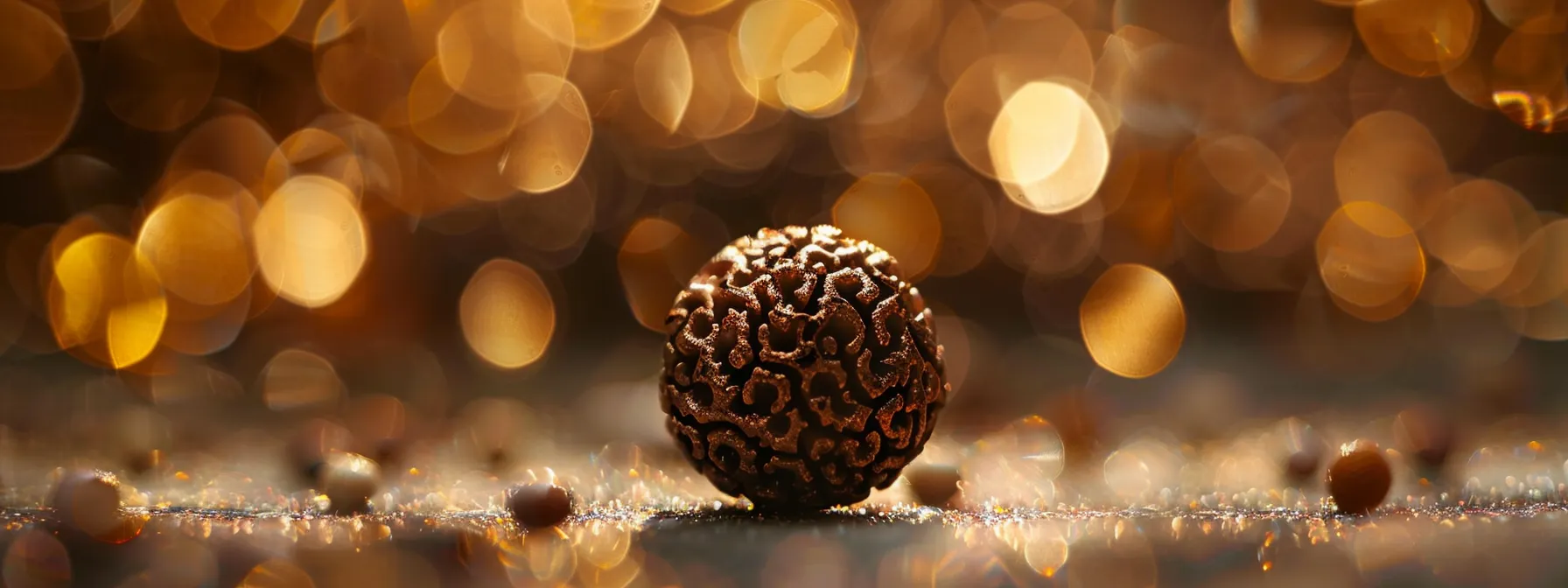 a close-up photo of a shimmering rudraksha bead, showcasing its intricate patterns and spiritual significance.