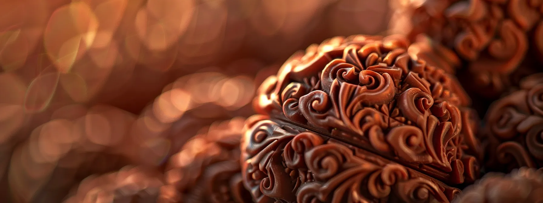 a close-up photo of a seven mukhi rudraksha bead adorned with intricate carvings and delicate details, symbolizing the cultural significance and spiritual importance it holds across different regions.