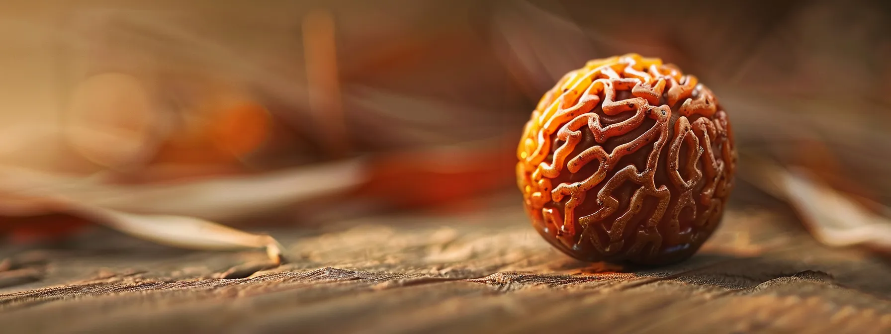 a close-up photo of a six mukhi rudraksha bead held under a bright light, revealing intricate details and natural imperfections.