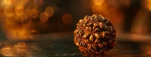 a close-up of a rare and majestic seventeen mukhi rudraksha glistening under soft light, showcasing its intricate features.