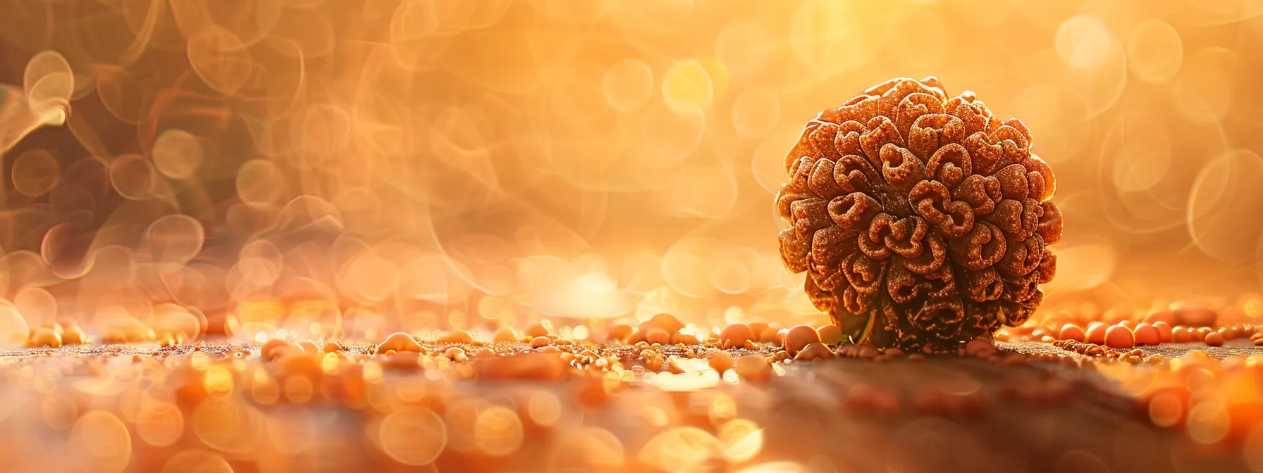 a close-up photo of a ten mukhi rudraksha bead, exuding a mystical aura with its ten distinct facets and sacred connection to hindu deities.