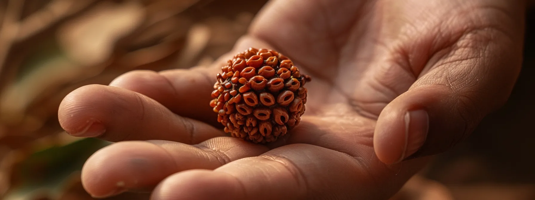 a close-up photo of a shimmering, textured ten mukhi rudraksha bead held in the palm of a hand.