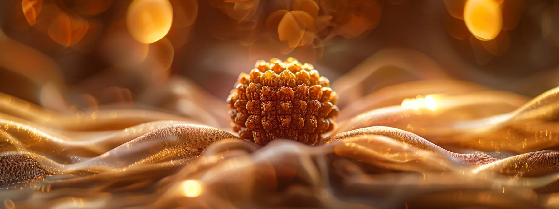 a close-up photo of a shimmering six mukhi rudraksha bead, radiating a sense of divine energy and wisdom with intricate details.