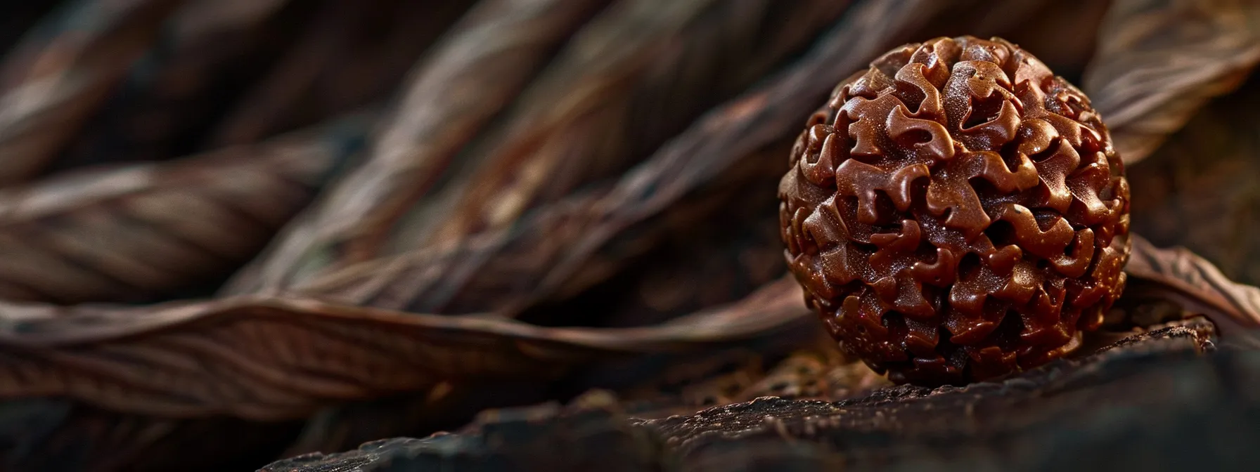 a close-up photo of a genuine four mukhi rudraksha showing four distinct natural lines, unique texture, and deep color, embodying spirituality and personal growth.