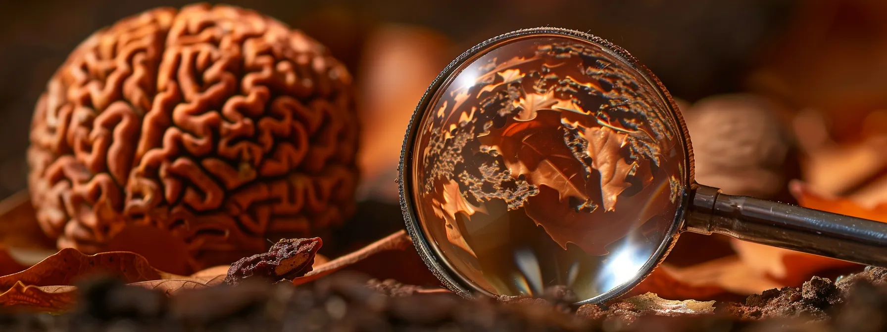 a close-up photo of a magnifying glass examining the texture and details of an eight mukhi rudraksha bead for authenticity.